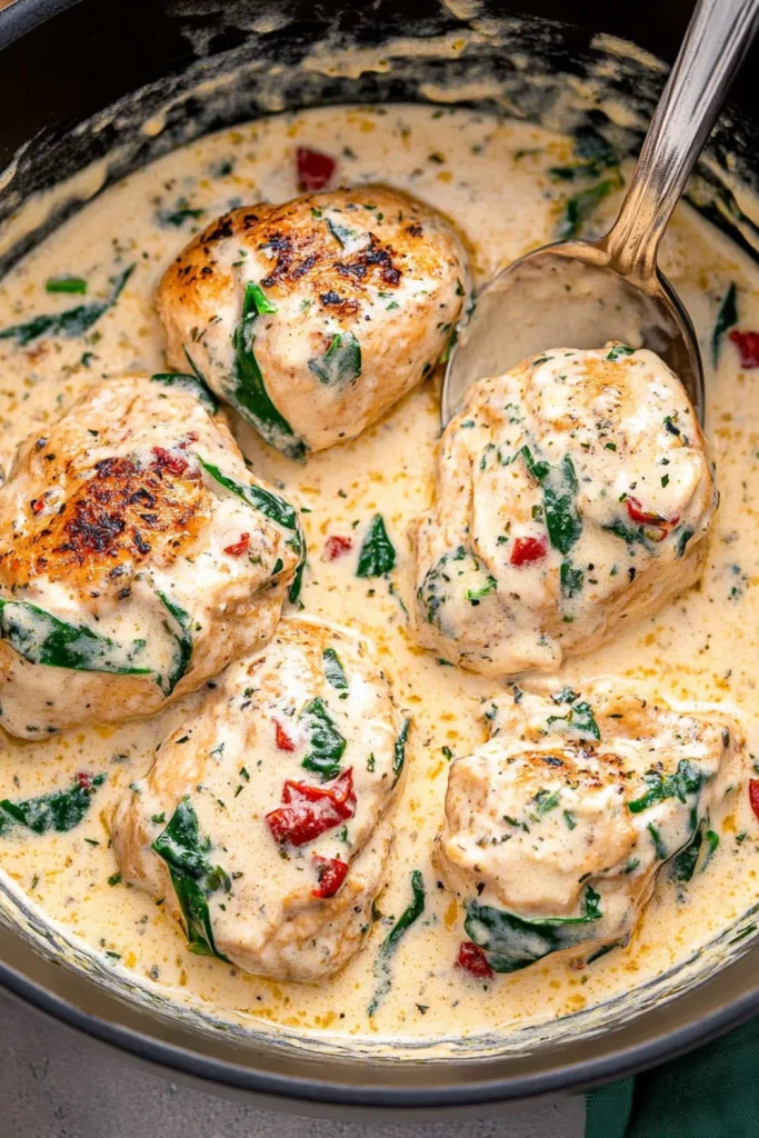 Saftige Hähnchenbruststücke in cremiger Sahnesoße mit Spinat und getrockneten Tomaten, in einer Pfanne serviert, mit einer goldenen Kruste gebraten.