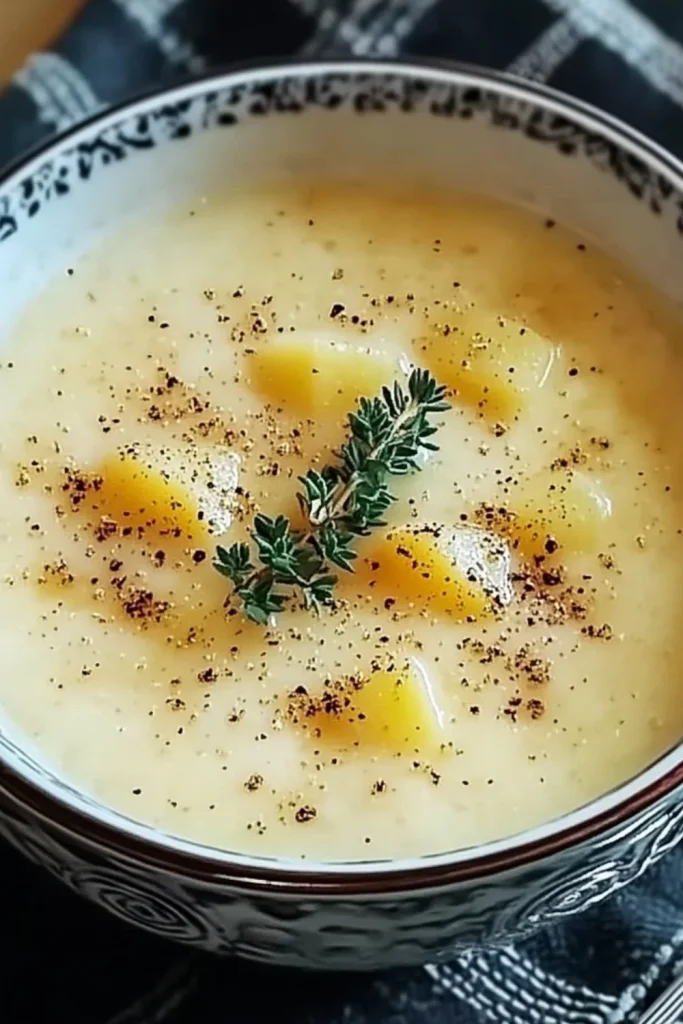 „Eine einfache, altmodische Kartoffelsuppe, die cremig und herzhaft aussieht, mit Kartoffelstücken und frischen Kräutern garniert.“