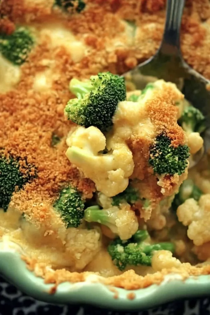 Ein Löffel entnimmt eine Portion des Käseauflaufs mit Brokkoli und Blumenkohl, bedeckt mit einer goldenen, knusprigen Bröselkruste.