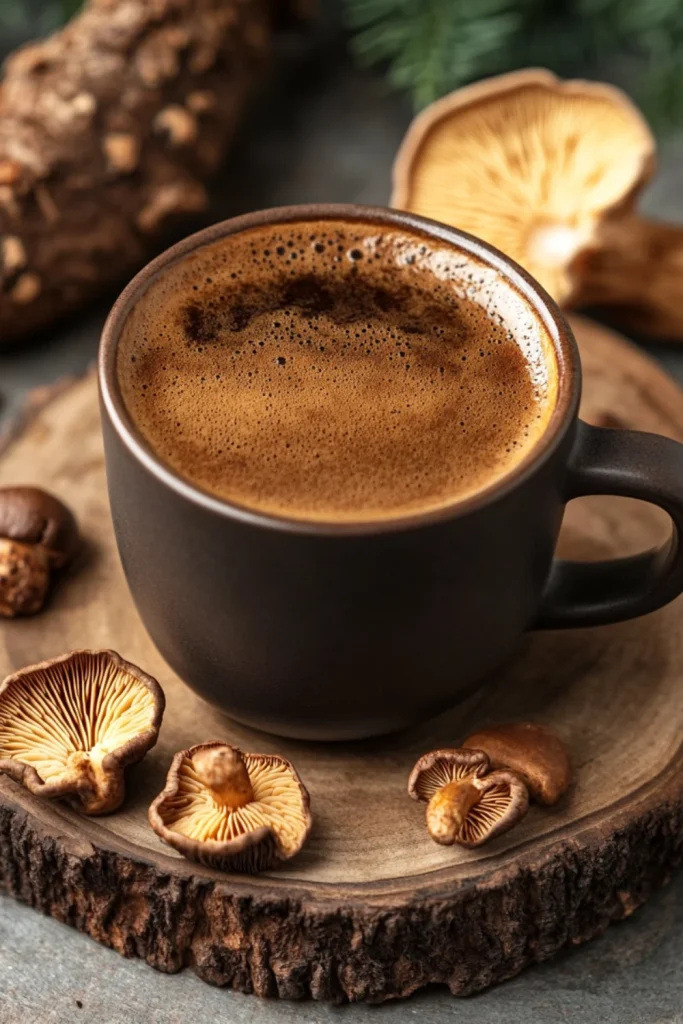 Eine Tasse dampfender, cremiger Pilzkaffee auf einer natürlichen Holzunterlage, umgeben von getrockneten Heilpilzen wie Ganoderma (Reishi) und Chaga – eine gesunde Kaffeealternative.