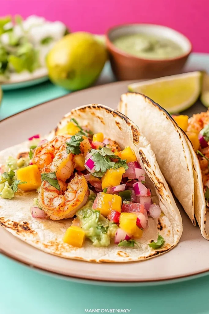 Garnelen-Tacos mit Mango-Salsa, roten Zwiebeln, Guacamole und Koriander in weichen Tortillas.