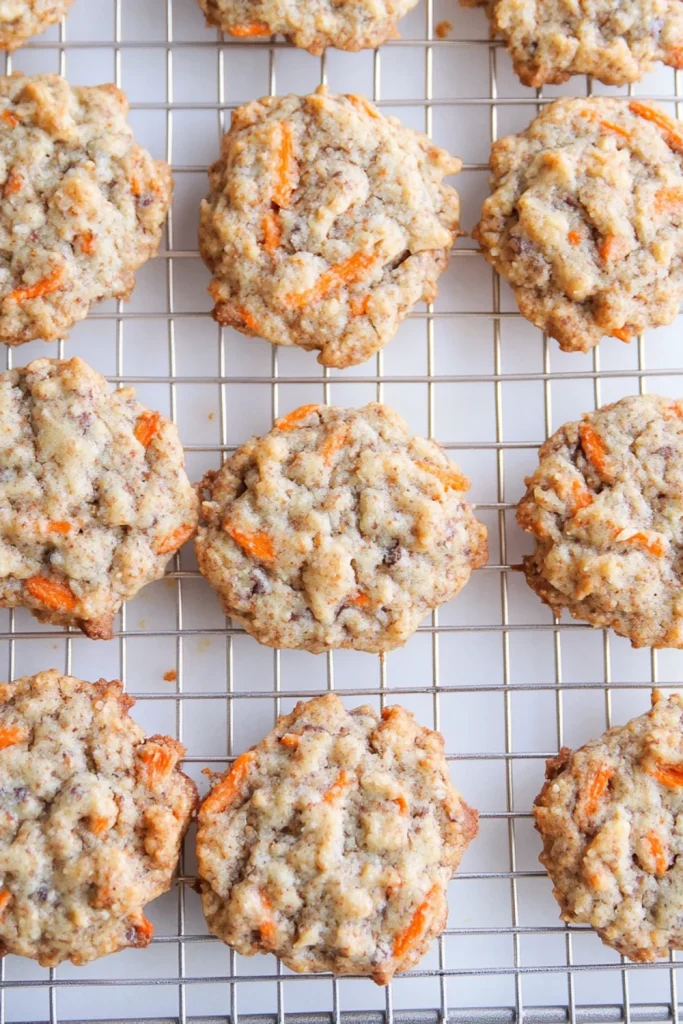 Karottenkuchen-Kekse frisch aus dem Ofen, auf einem Drahtgitter zum Abkühlen.