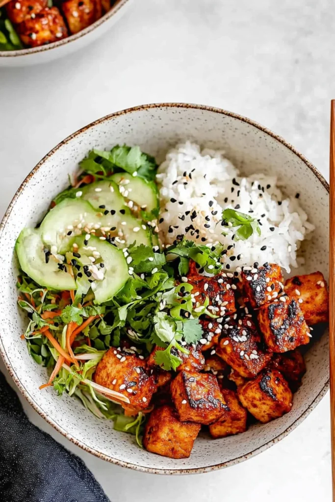 Eine Schale mit knusprigem koreanischen Tofu in Gochujang-Sauce, serviert mit Reis und eingelegtem Gemüse, garniert mit Frühlingszwiebeln und Sesamsamen.