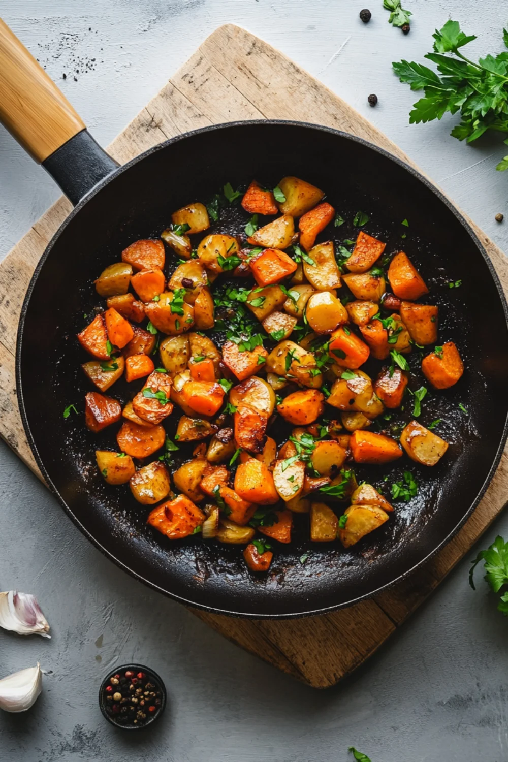 In einer Pfanne sind braun gebratene Karotten und Pastinaken zu sehen, die mit frischer Petersilie bestreut sind. Der Hintergrund zeigt frische Knoblauchzehen und Pfefferkörner.