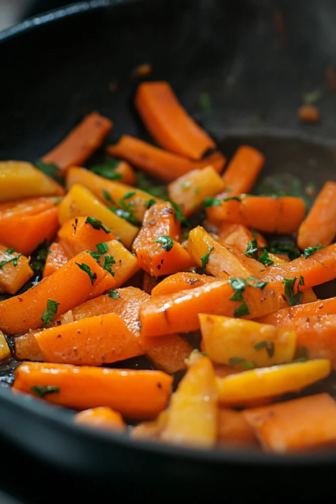 In einer Pfanne sind braun gebratene Karotten und Pastinaken zu sehen, die mit frischer Petersilie bestreut sind. Der Hintergrund zeigt frische Knoblauchzehen und Pfefferkörner.
