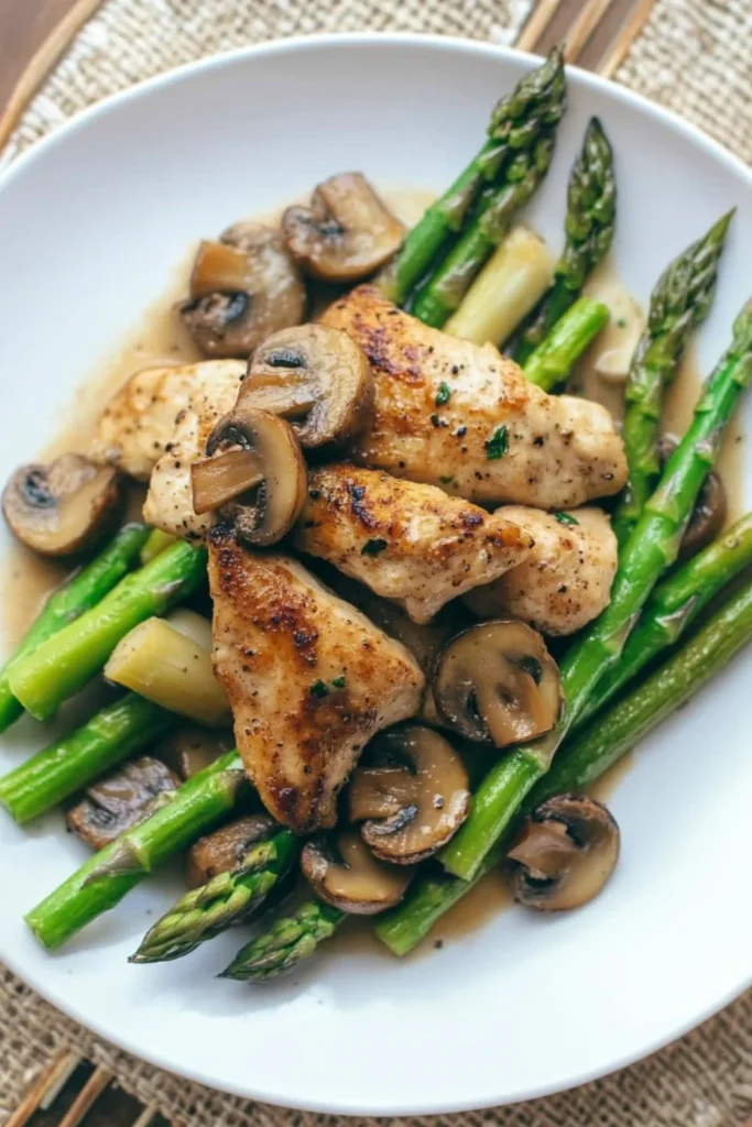 Gegrilltes Hühnchen, serviert mit Pilzen und frischem Spargel auf einem weißen Teller.