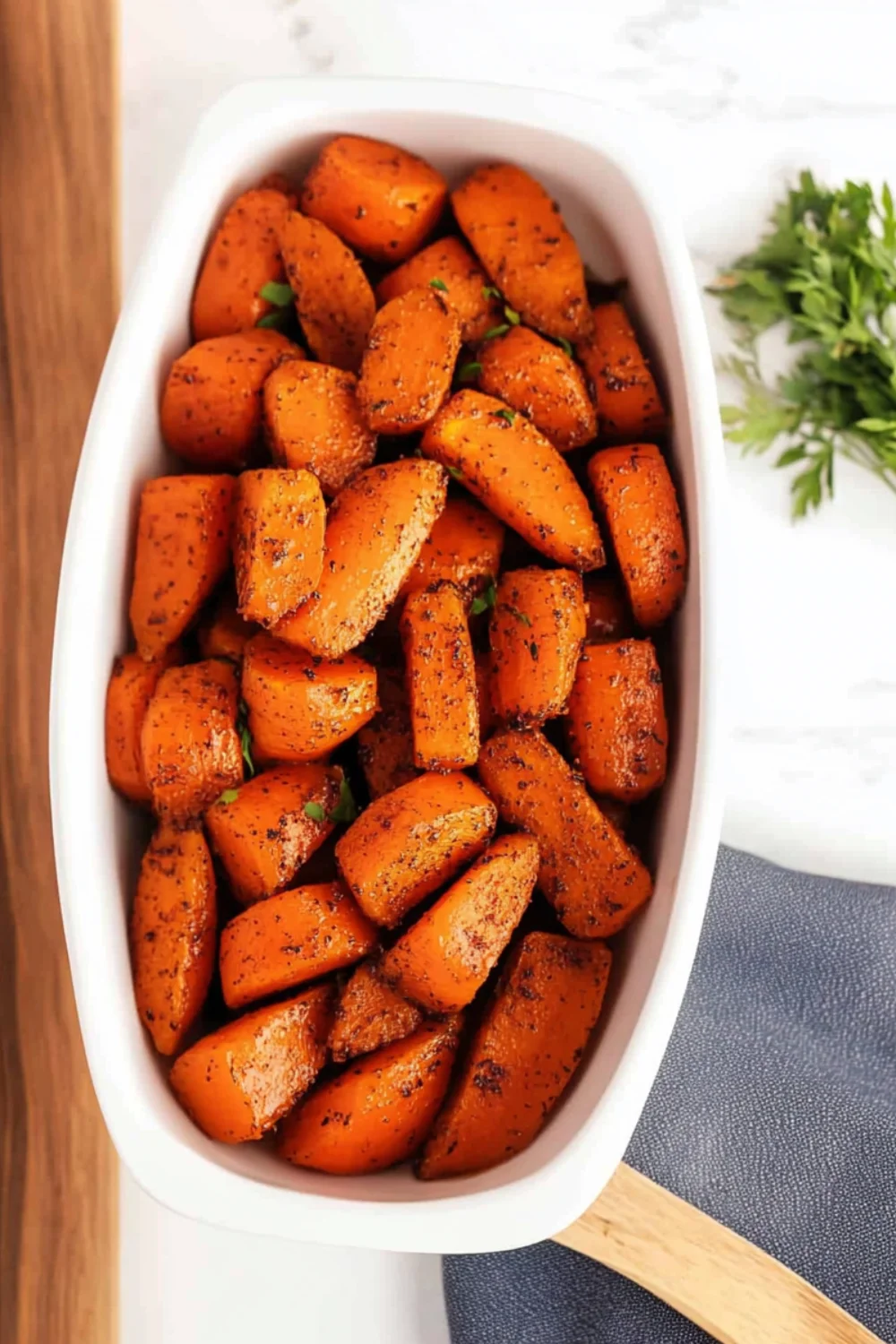 Ein weißes Serviergefäß enthält karamellisierte Karottenstücke, die mit schwarzem Pfeffer und frischer Petersilie bestreut sind. Das Gericht liegt auf einem Holzbrett, daneben befindet sich frische Petersilie.