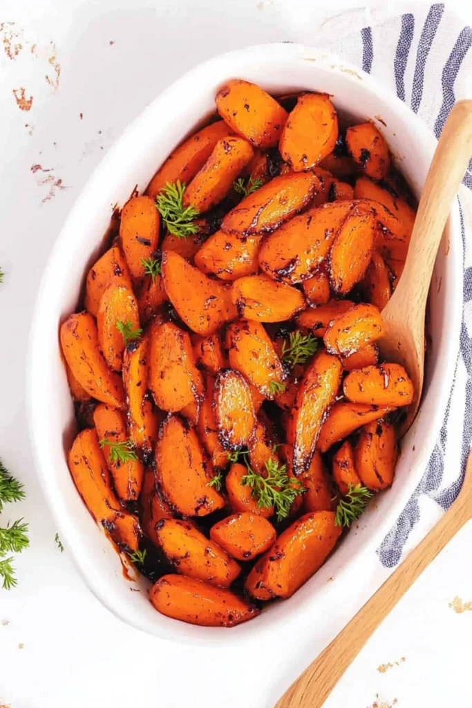 Ein weißes Serviergefäß enthält karamellisierte Karottenstücke, die mit schwarzem Pfeffer und frischer Petersilie bestreut sind. Das Gericht liegt auf einem Holzbrett, daneben befindet sich frische Petersilie.