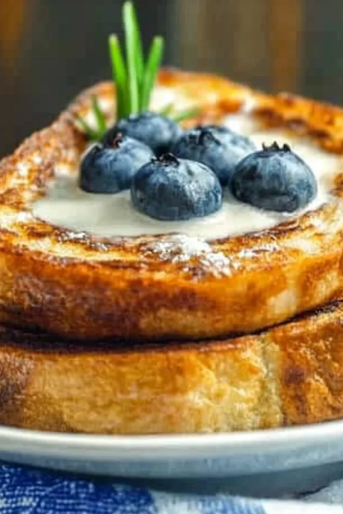 Zwei goldbraun gebratene vegane French Toast-Scheiben, belegt mit frischen Blaubeeren und cremiger Sauce, garniert mit einem Rosmarinzweig.