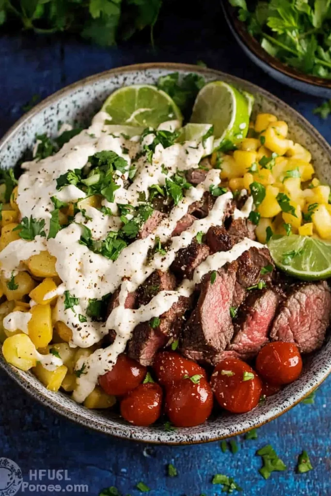 Eine Bowl mit rosa gebratenem Steak, Kartoffelsalat, Kirschtomaten, Limettenspalten und cremigem Dressing.