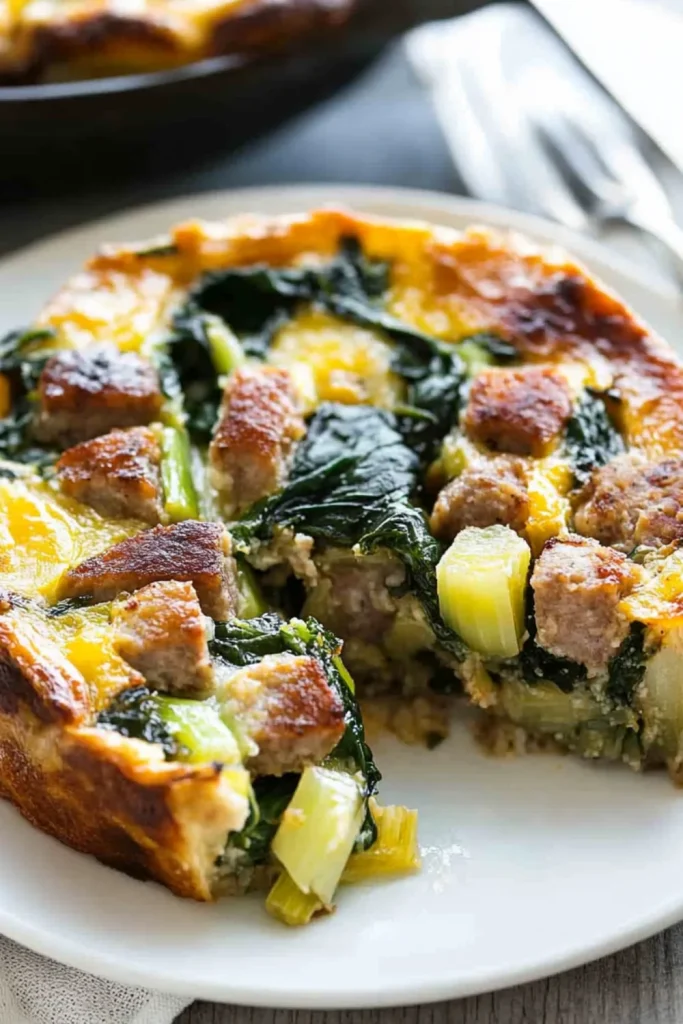 Eine schmackhafte Mahlzeit aus gebratener Wurst, Lauch und frischem Spinat auf einem Teller serviert.